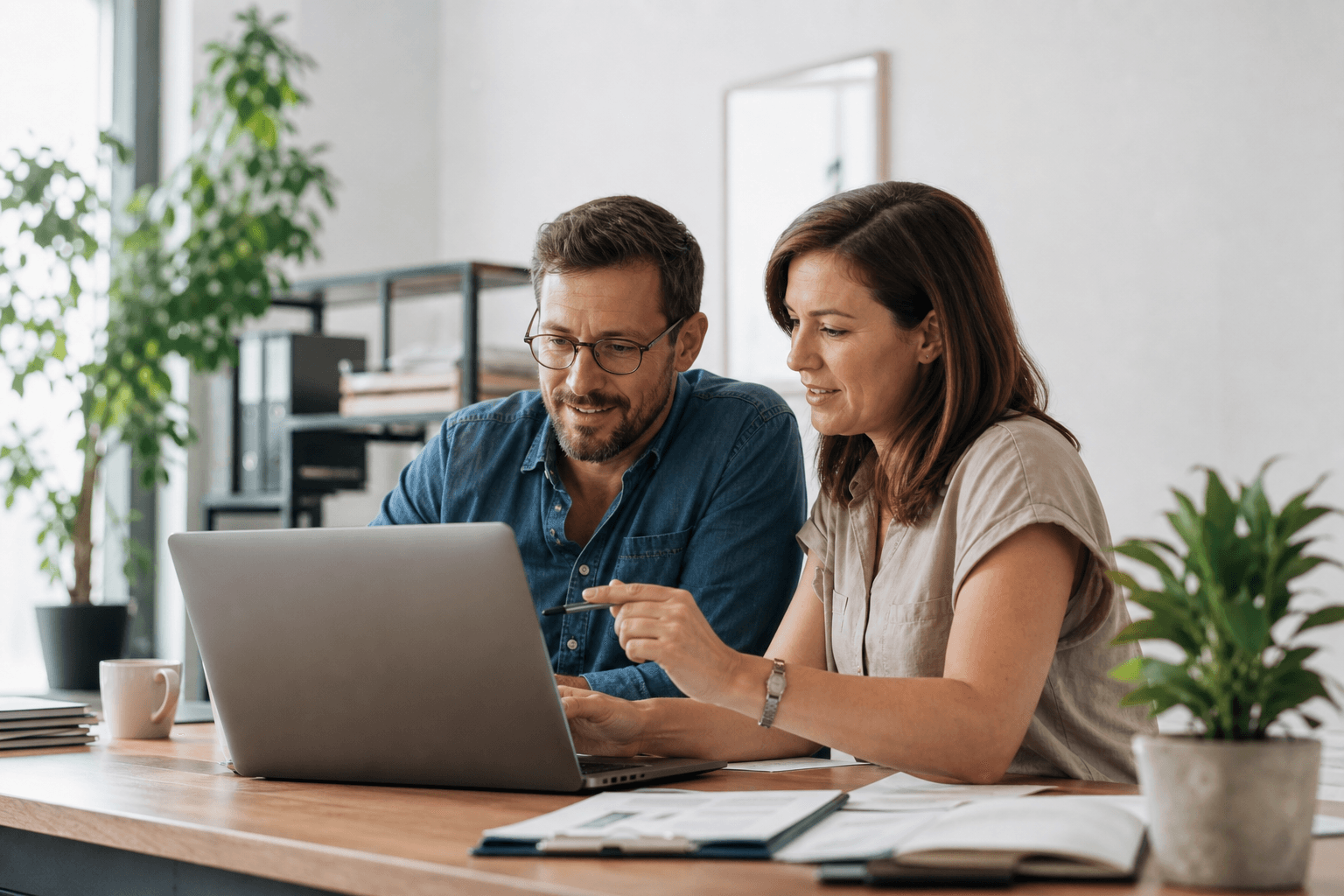 Zwei Personen prüfen in einem österreichischen Büro digitale Rechnungen und Zahlungseingänge am Laptop