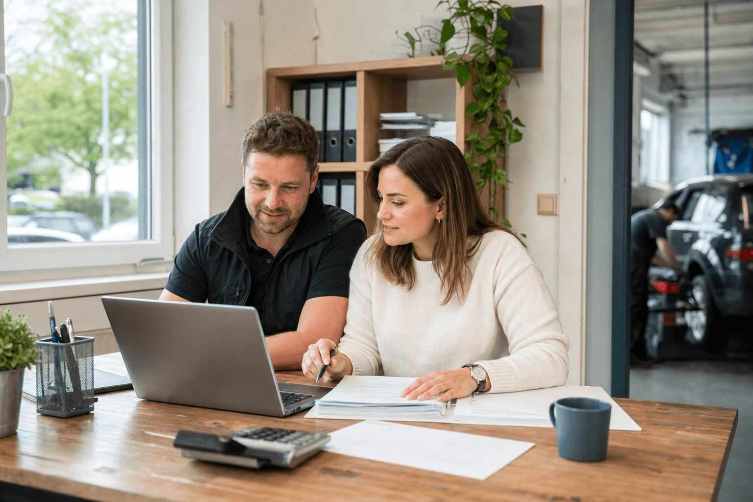 Österreichisches KMU-Team prüft Rechnungsdaten am Laptop in einem hellen Büro mit Werkstatt im Hintergrund