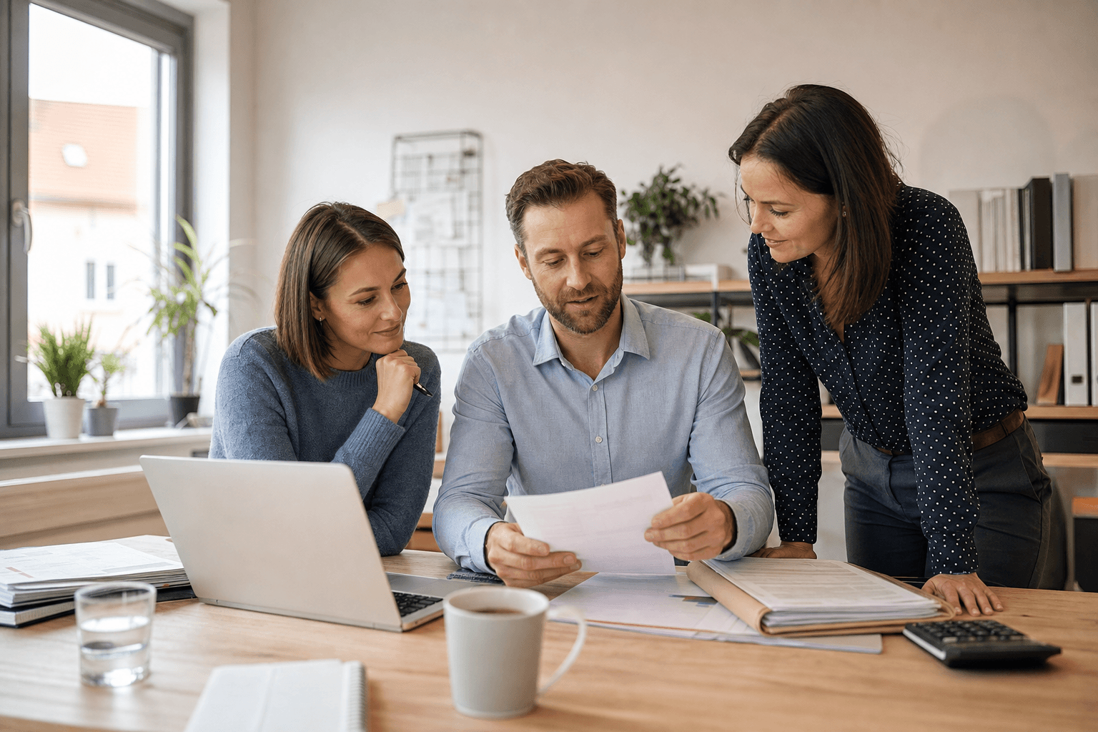 Österreichisches Büroteam prüft Rechnungen und Lieferunterlagen an einem hellen Arbeitsplatz