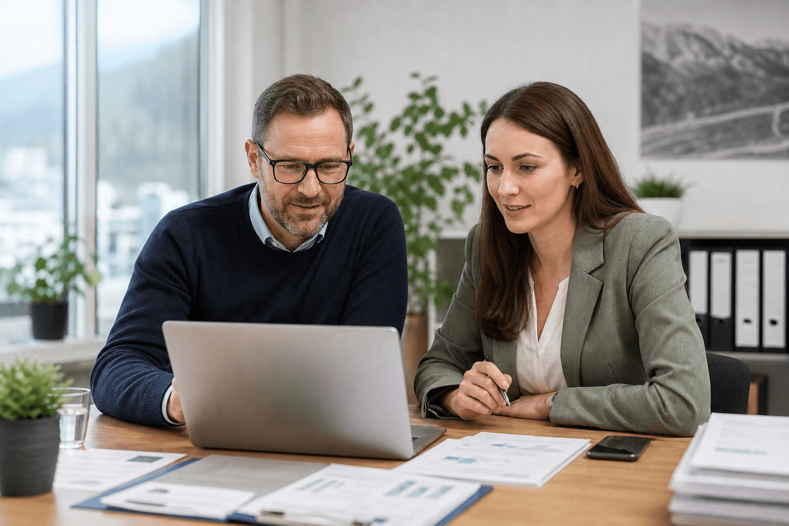 Österreichisches Team prüft SEPA-Lastschriften und Rechnungen an einem Laptop im hellen Büro