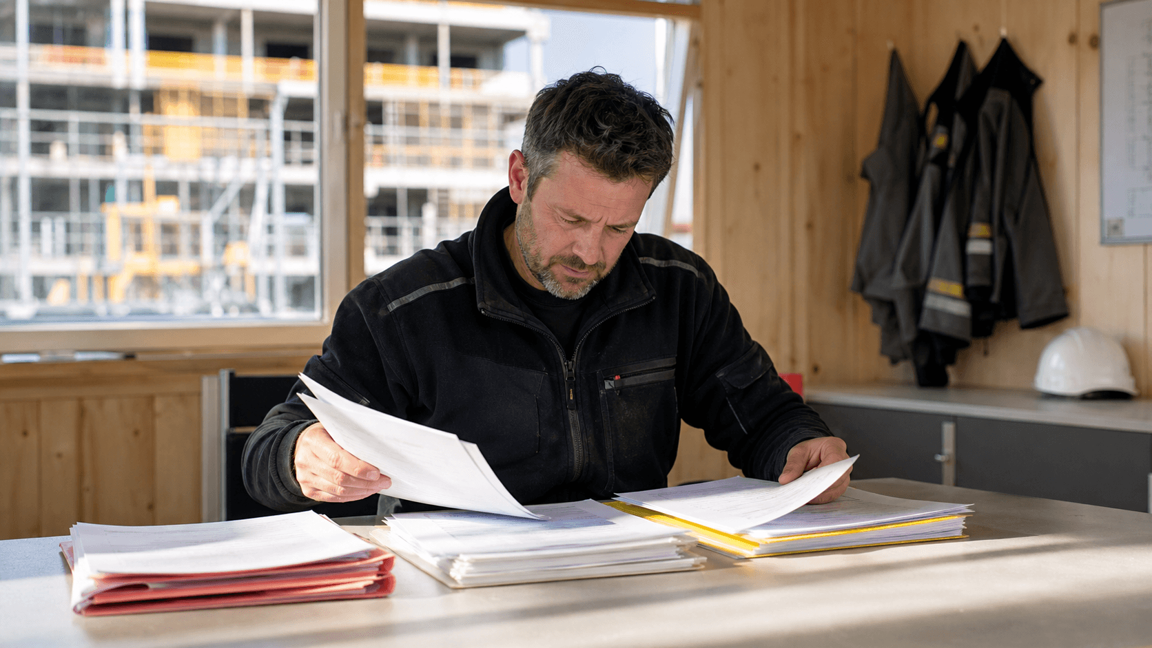 Projektleiter ordnet Unterlagen für Anzahlung, Abschlag und Schlussrechnung