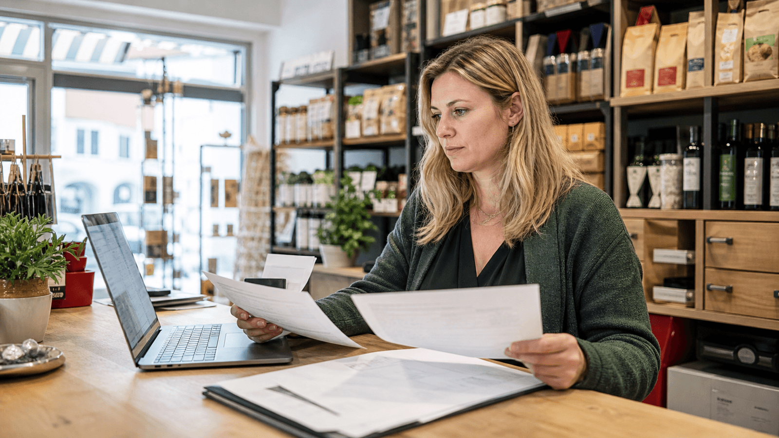 Erwachsene Inhaberin eines österreichischen Fachgeschäfts prüft Kundenstammdaten und markierte Dubletten an einem Laptop