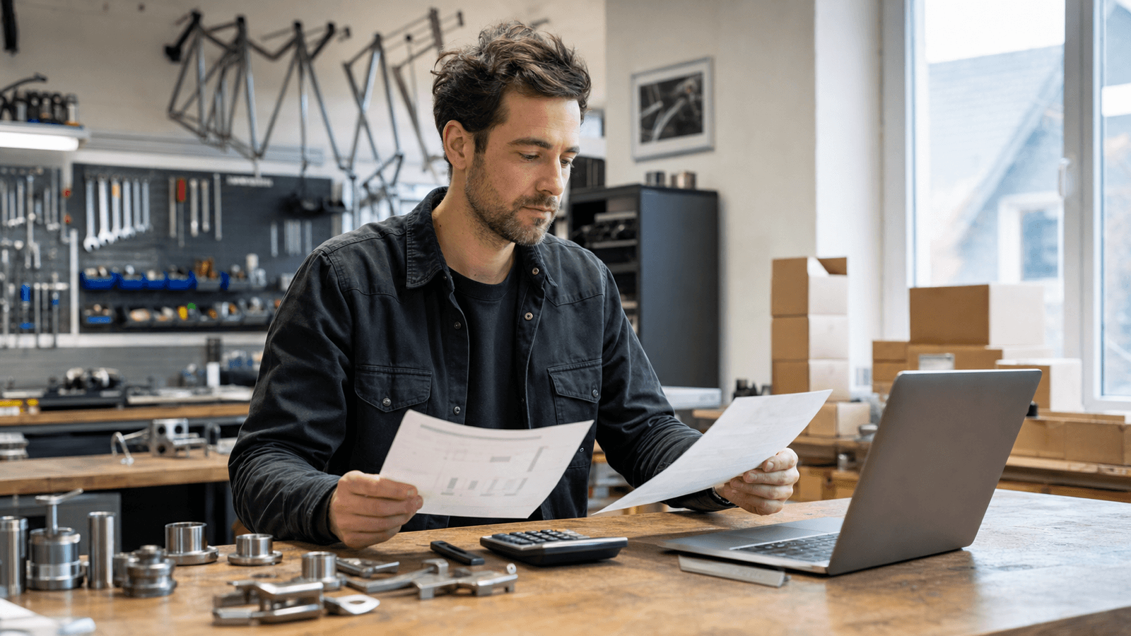 Inhaber eines österreichischen Fahrradteilebetriebs vergleicht Fremdwährungsrechnung und Zahlungseingang.