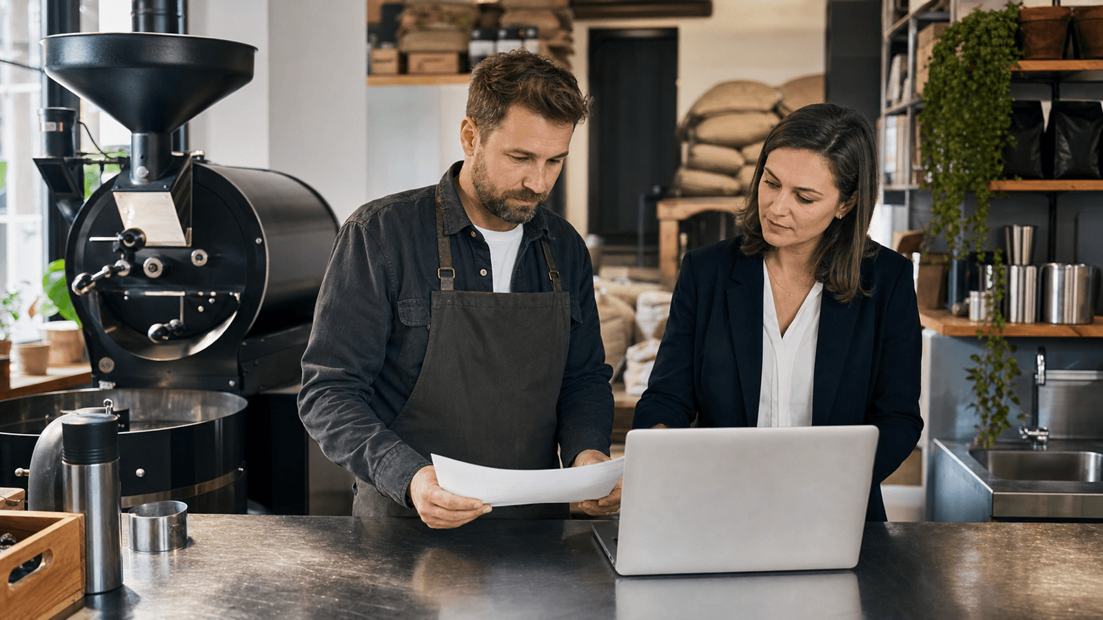 Inhaber einer österreichischen Kaffeerösterei prüft mit einer Finanzberaterin die Umstellung von Papierrechnungen auf E-Rechnungen