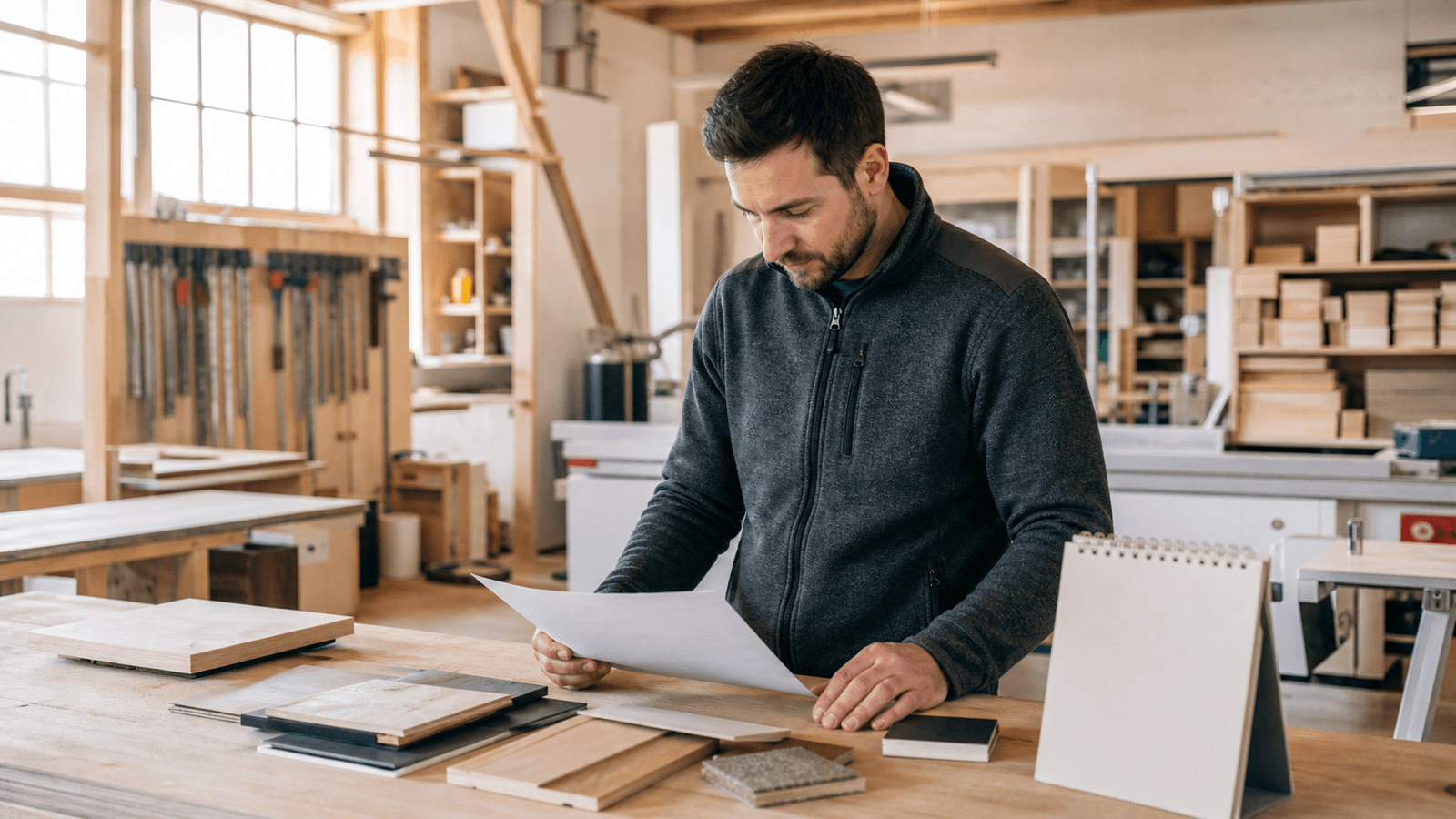 Ein österreichischer Tischler prüft in seiner Werkstatt ein Kundenangebot mit Materialmustern und Kalender vor Ablauf der Bindefrist.