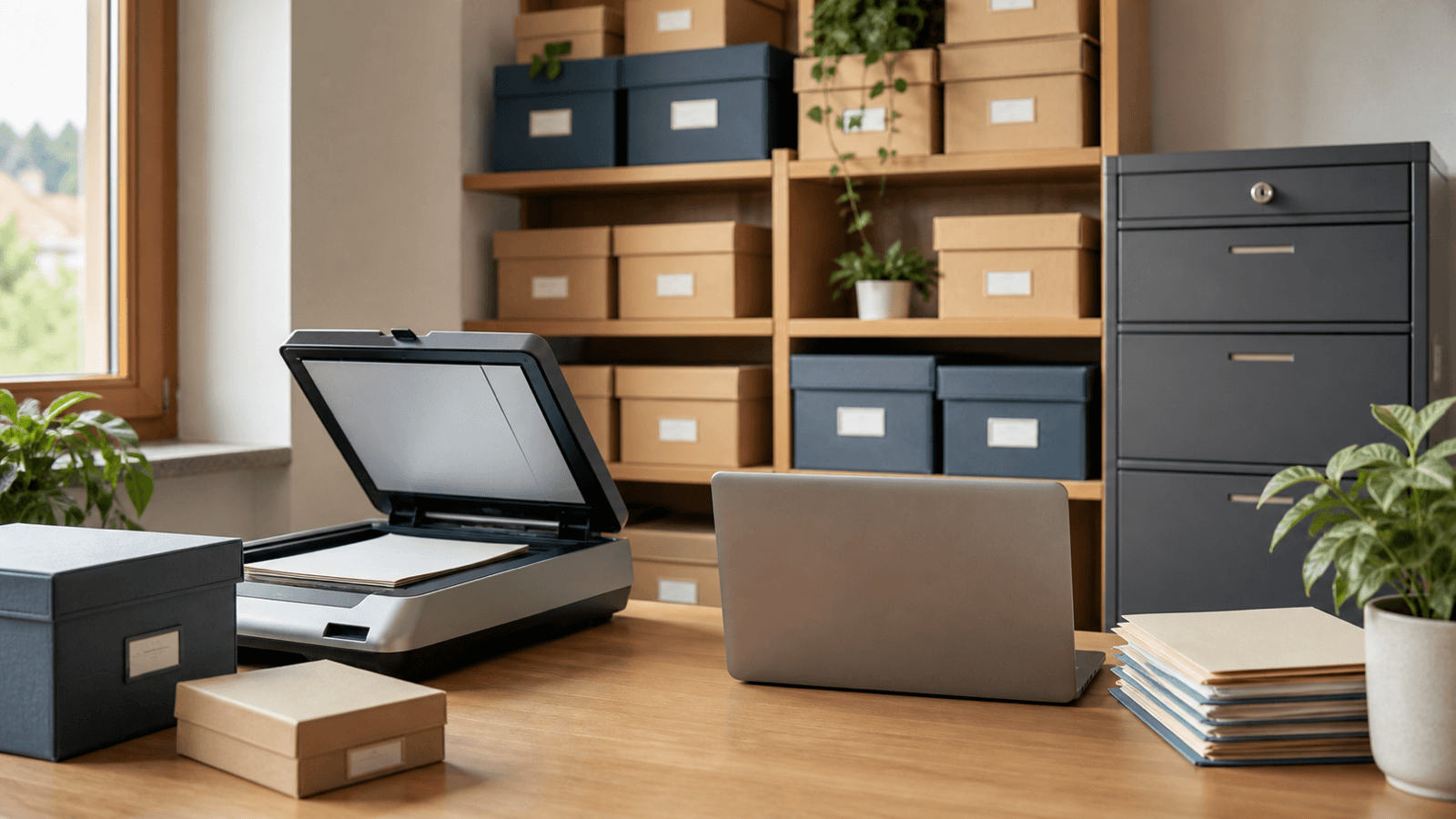 Ordentliches Belegarchiv mit Dokumentenscanner, verschlossenen Ordnerboxen und Laptop für die Aufbewahrungsplanung