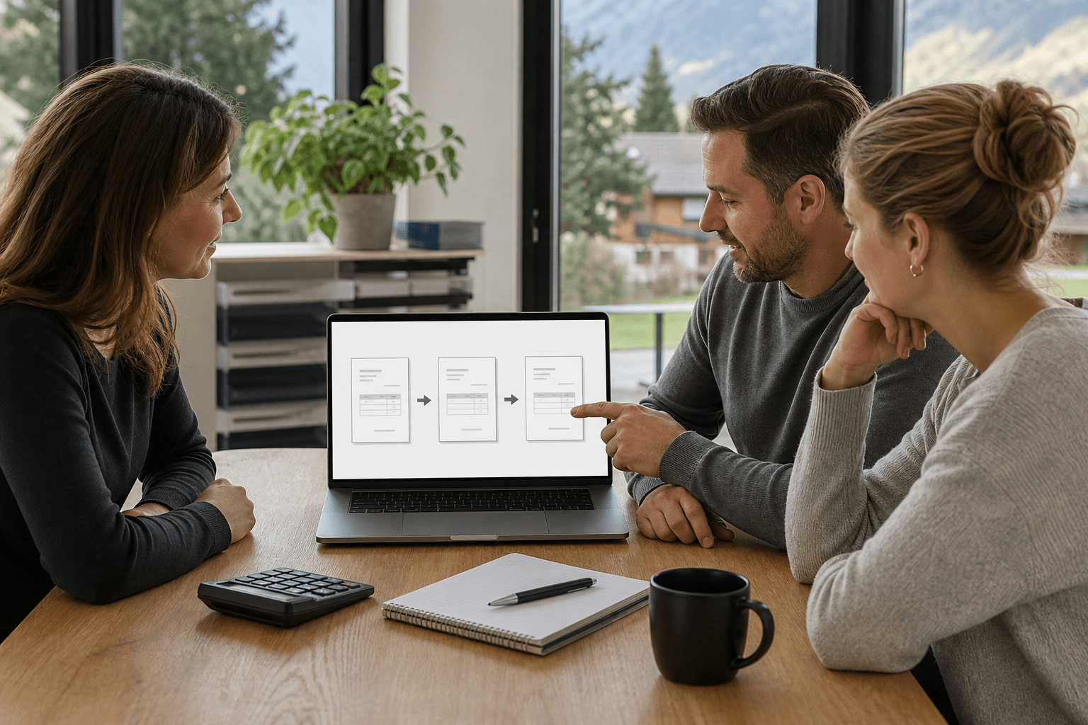Österreichisches KMU-Team prüft Angebot, Lieferschein und Rechnung gemeinsam an einem Laptop