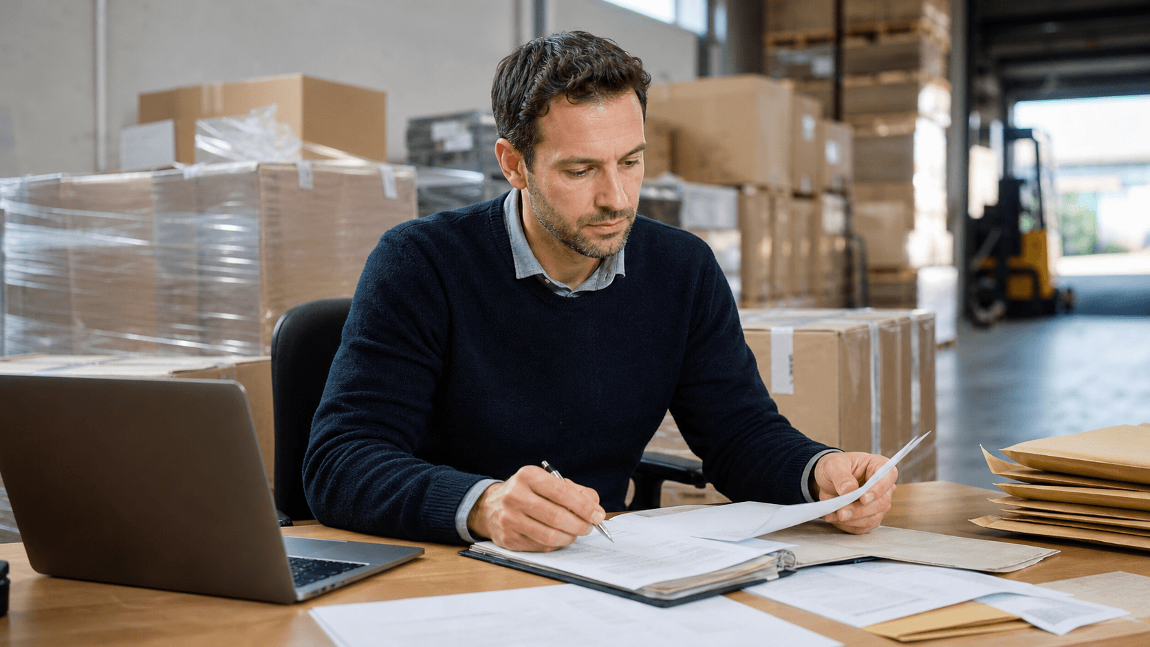 Exportmitarbeiter bereitet Proformarechnung und Versandunterlagen vor