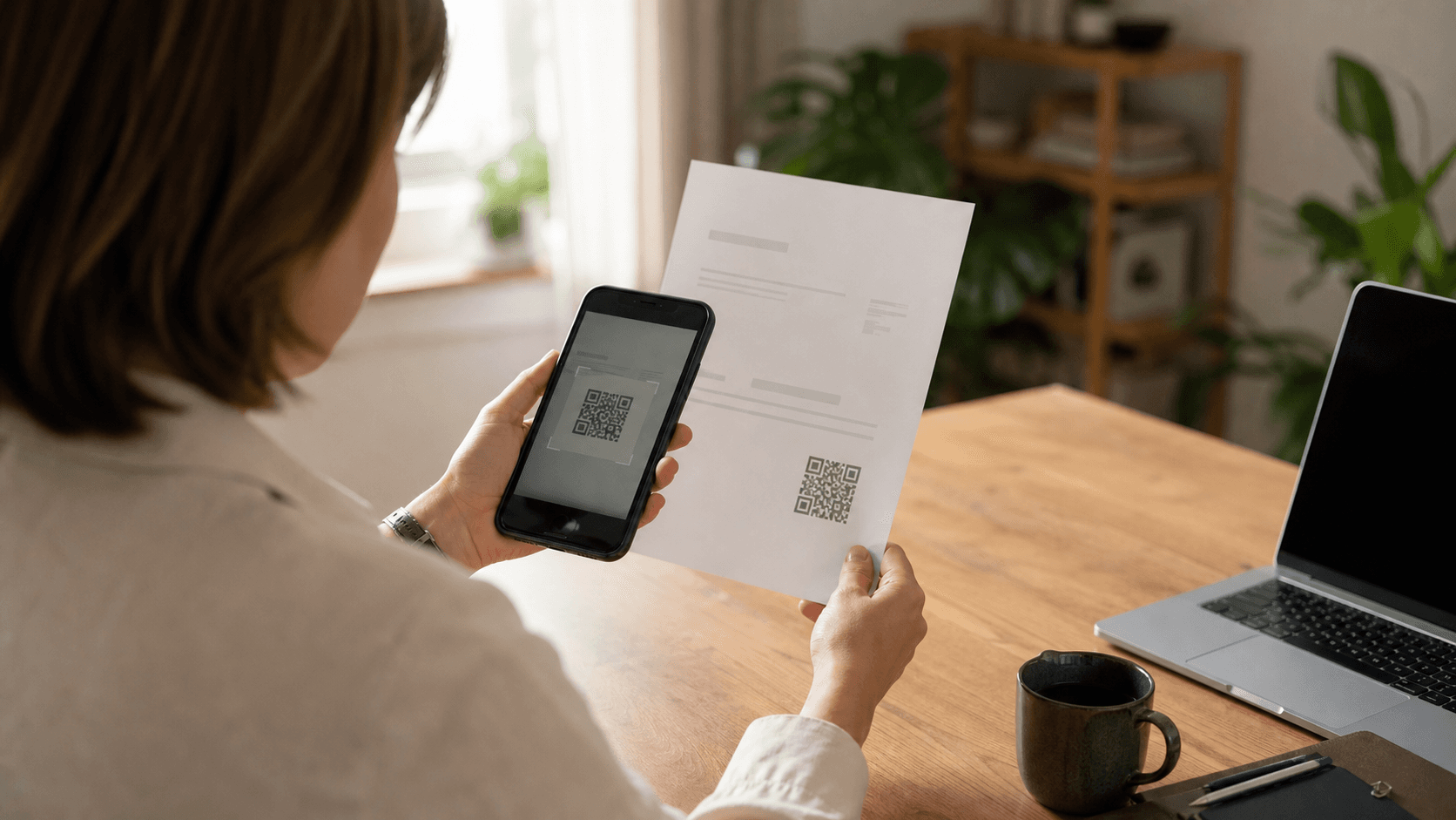 Kundin scannt einen EPC-QR-Code auf einer Rechnung