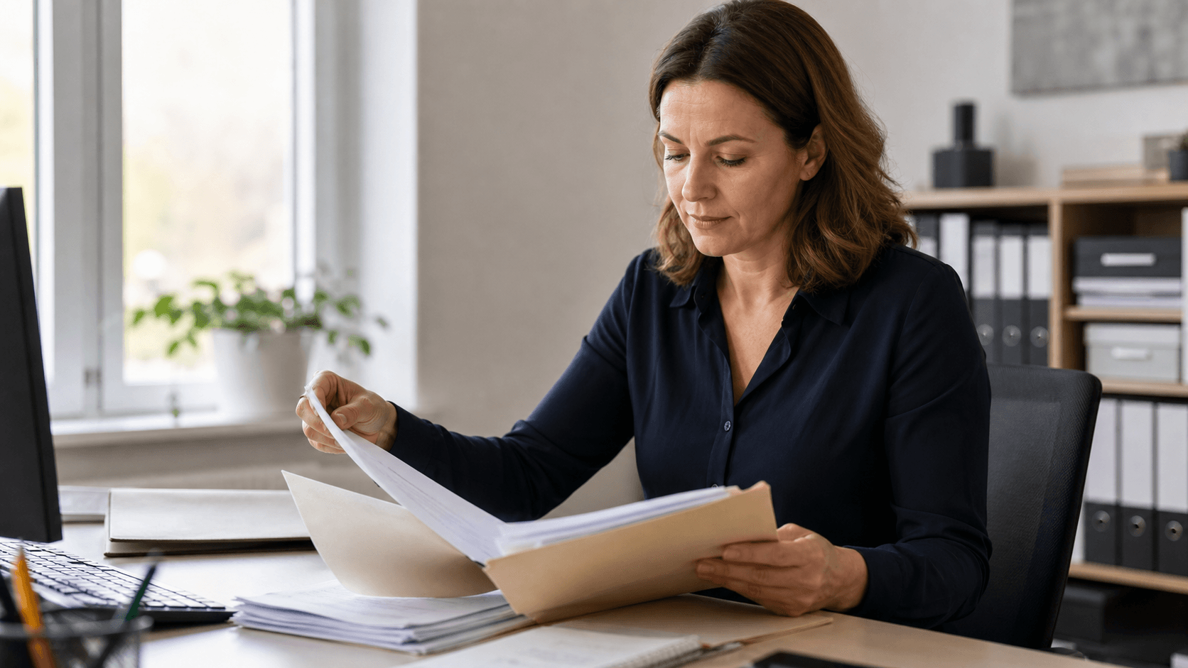 Finanzsachbearbeiterin prüft Gläubiger-ID und Mandatsreferenz