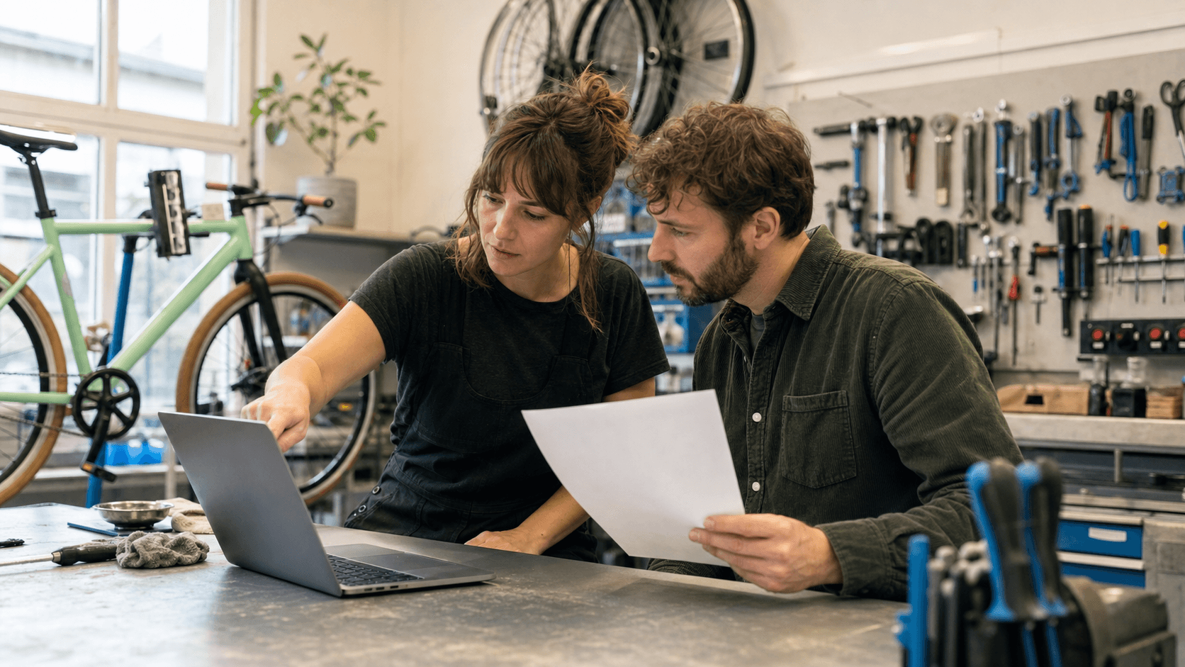 Zwei Mitarbeitende eines österreichischen Fachgeschäfts prüfen Rechnungspositionen und Steuerbeträge an einem Laptop