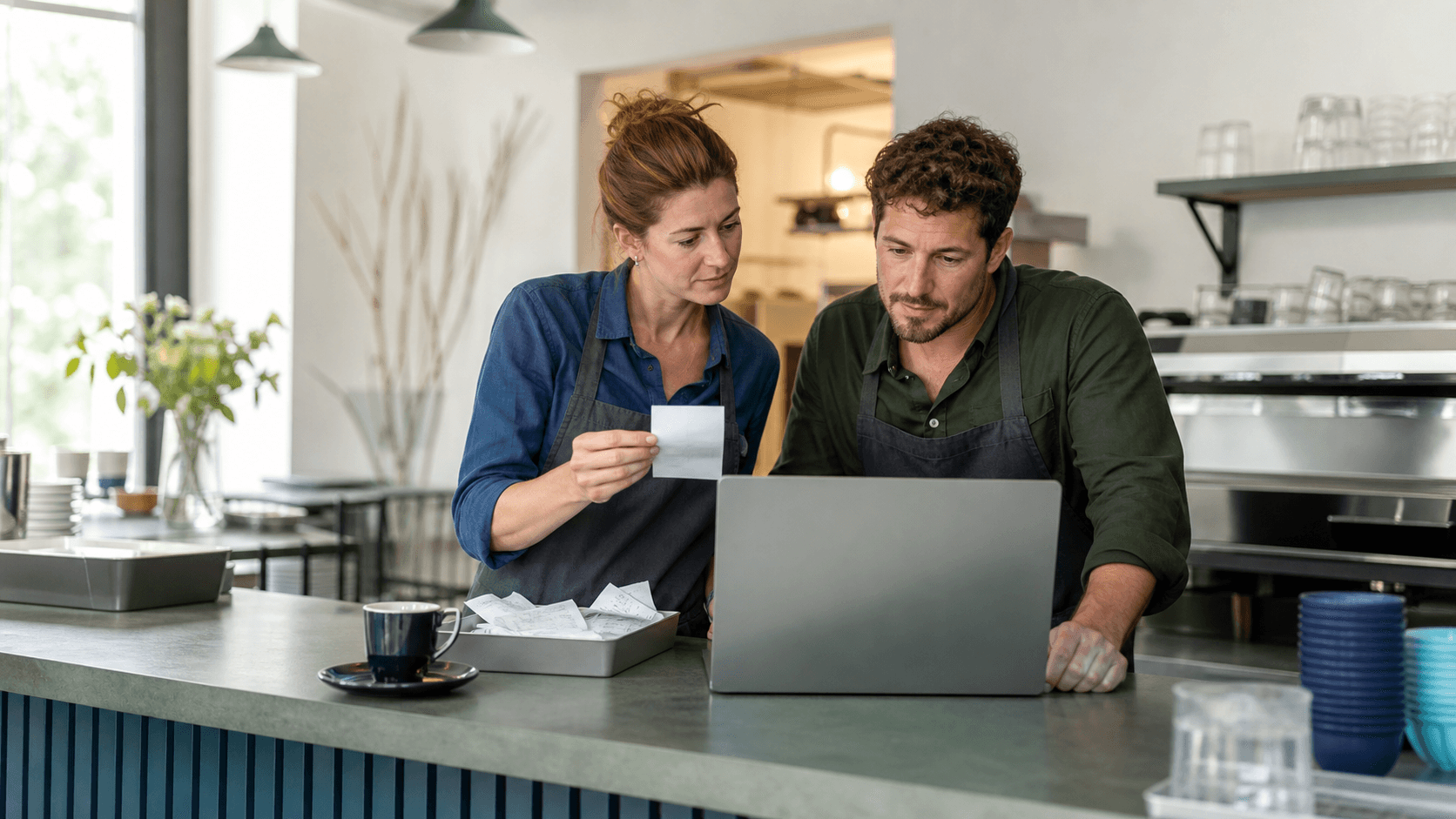 Mitarbeitende eines österreichischen Cafés prüfen einen kleinen Geschäftsbeleg und Rechnungsdaten an einem Laptop