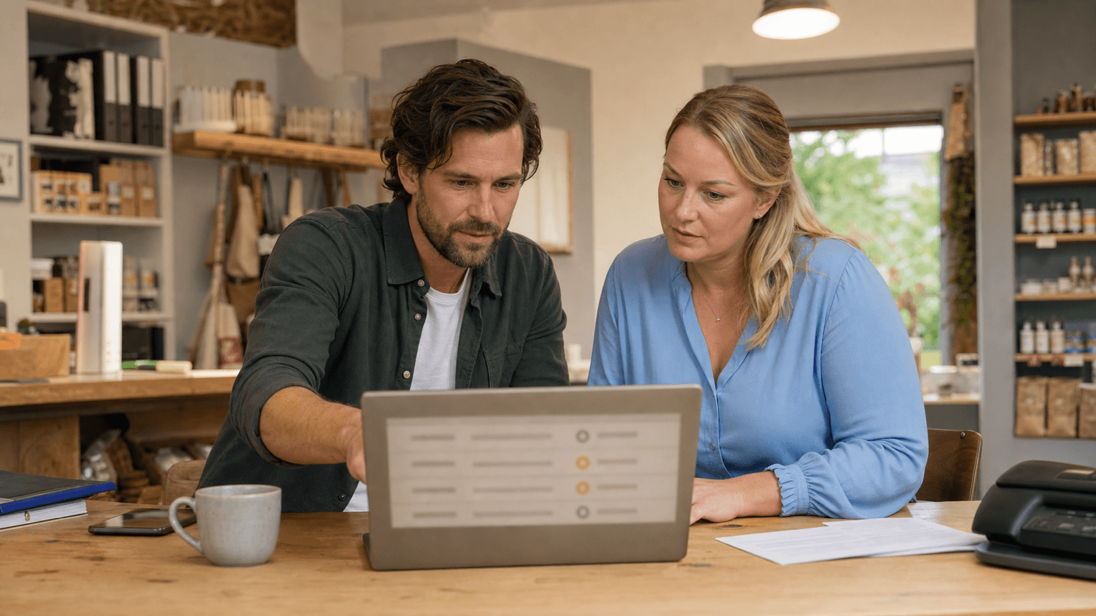 Zwei erwachsene Mitarbeitende eines österreichischen KMU prüfen gemeinsam digitale Rechnungsdaten an einem Arbeitsplatz