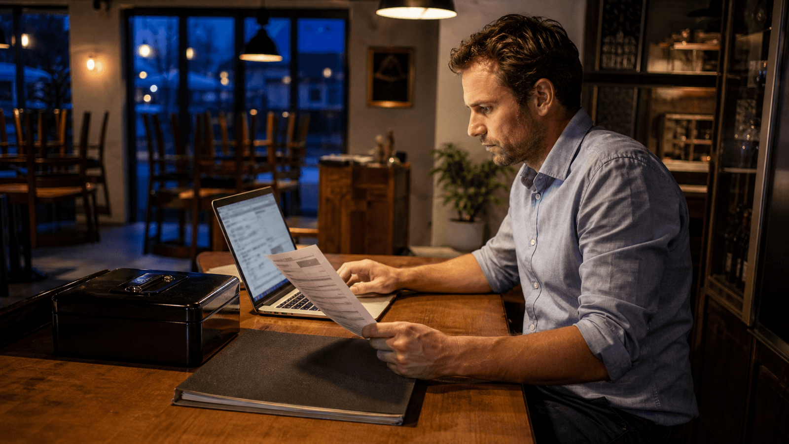 Erwachsener Inhaber eines österreichischen Restaurants prüft nach Geschäftsschluss eine offene Rechnung und den Versandstatus am Laptop