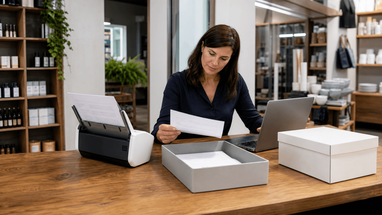 Inhaberin eines österreichischen Fachgeschäfts prüft Papierbelege am Dokumentenscanner neben einer Kontrollablage.