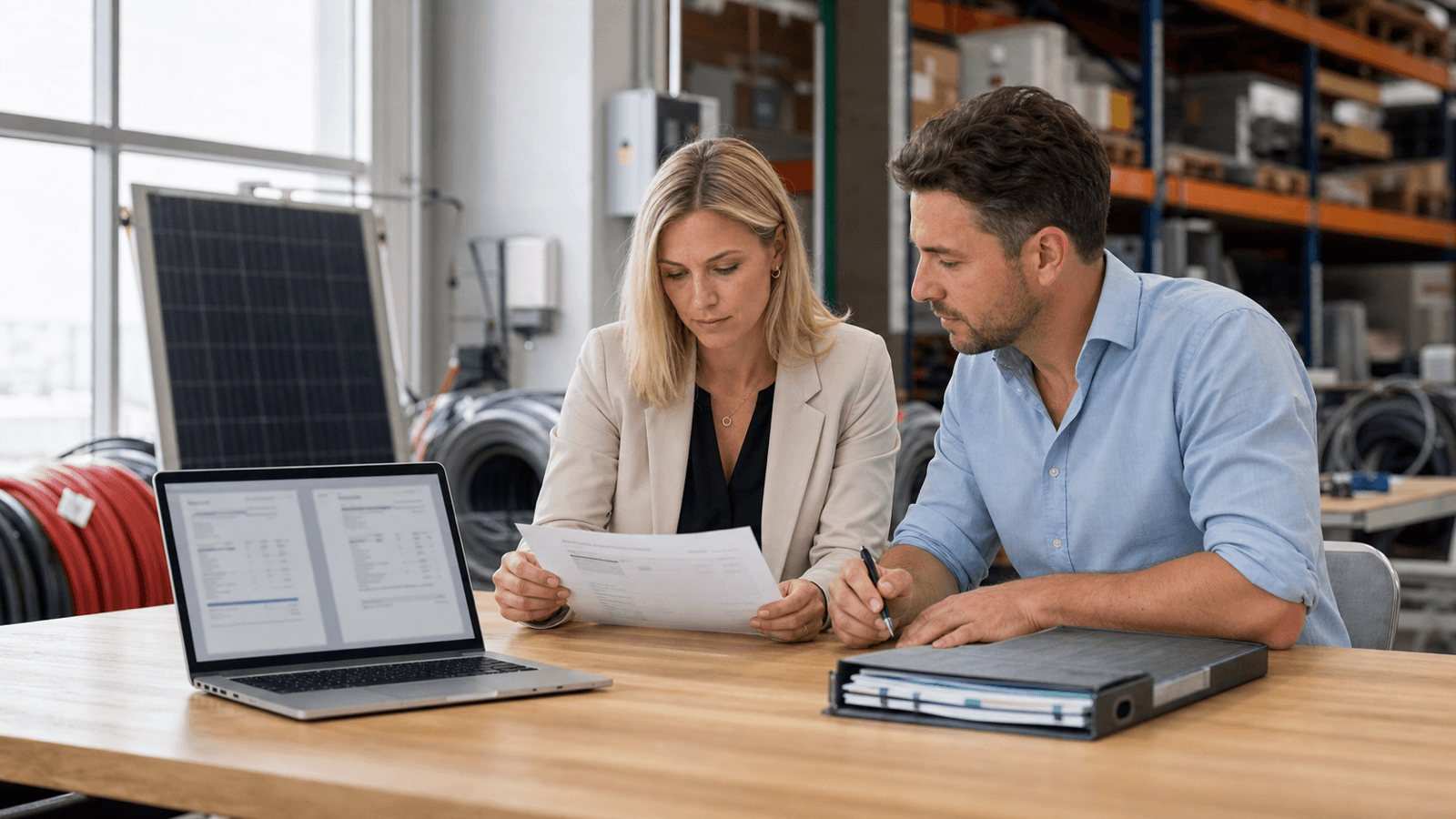 Finanzverantwortliche und Prozessmanager vergleichen KI-Ausgaben einer Rechnung in einem Solar- und Elektrotechnikbetrieb