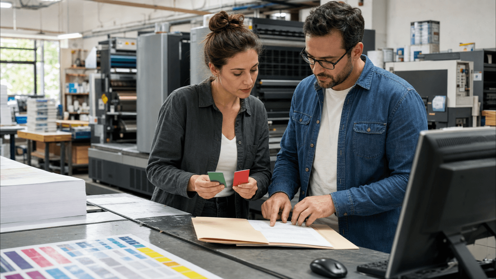 Mitarbeiterin und Mitarbeiter einer kleinen Druckerei prüfen gemeinsam die Rechte eines KI-Assistenten im Rechnungsworkflow