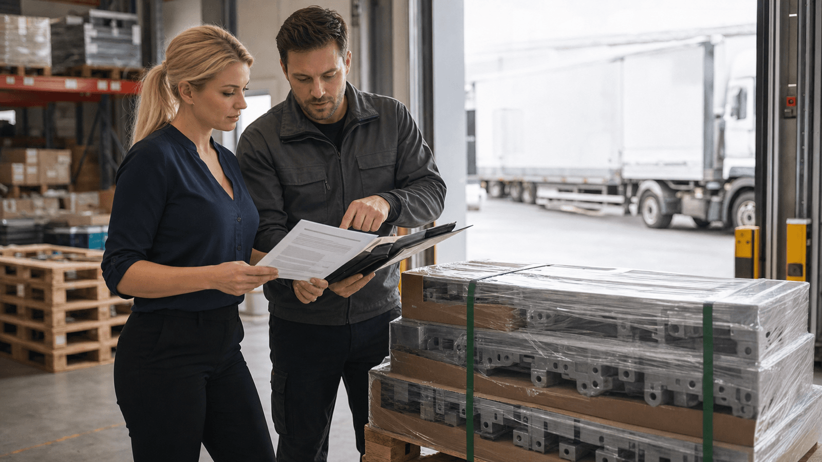 Blonde Logistikmanagerin und Kollege prüfen Rechnung und Transportunterlagen neben einer versandbereiten Palette.