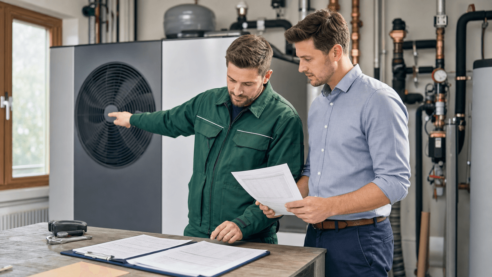Servicetechniker und Unternehmer prüfen in einem Heizungsraum eine Rechnung mit dem zugehörigen Wartungsprotokoll