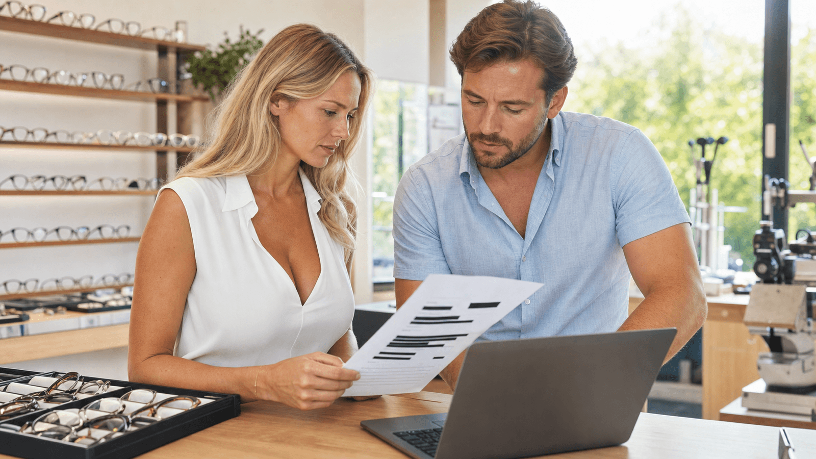 Blonde Finanzmanagerin und Kollege prüfen in sommerlicher Kleidung eine geschwärzte Rechnung in einer Optikerwerkstatt