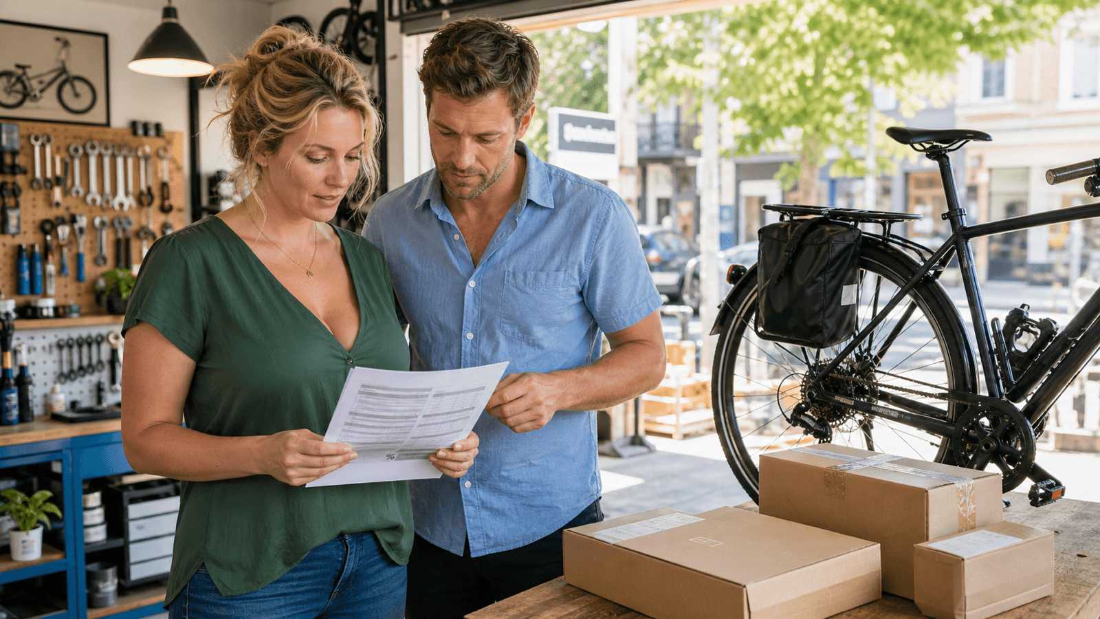 Mitarbeiterin und Mitarbeiter prüfen in einem sommerlichen Fahrradbetrieb eine Rechnung mit Rabatt und Versandkosten