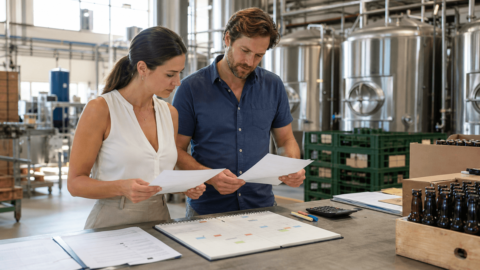 Finanzverantwortliche und Brauereiinhaber prüfen Rechnungen und Zahlungstermine in einer sommerlichen Kleinbrauerei