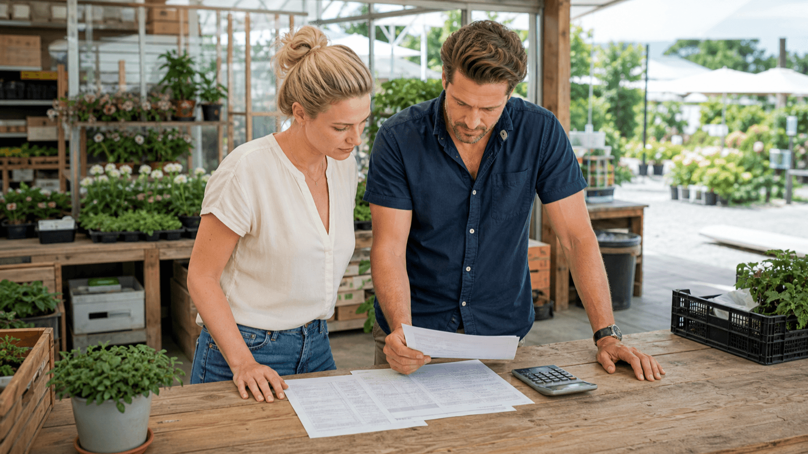 Inhaberin und Kollege eines Gartenbaubetriebs prüfen an einem Arbeitstisch Rechnung und Ratenplan