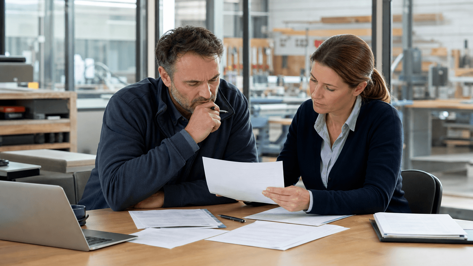 Zwei erwachsene Verantwortliche prüfen im Handwerksbetrieb eine auffällige Rechnung vor der Freigabe.